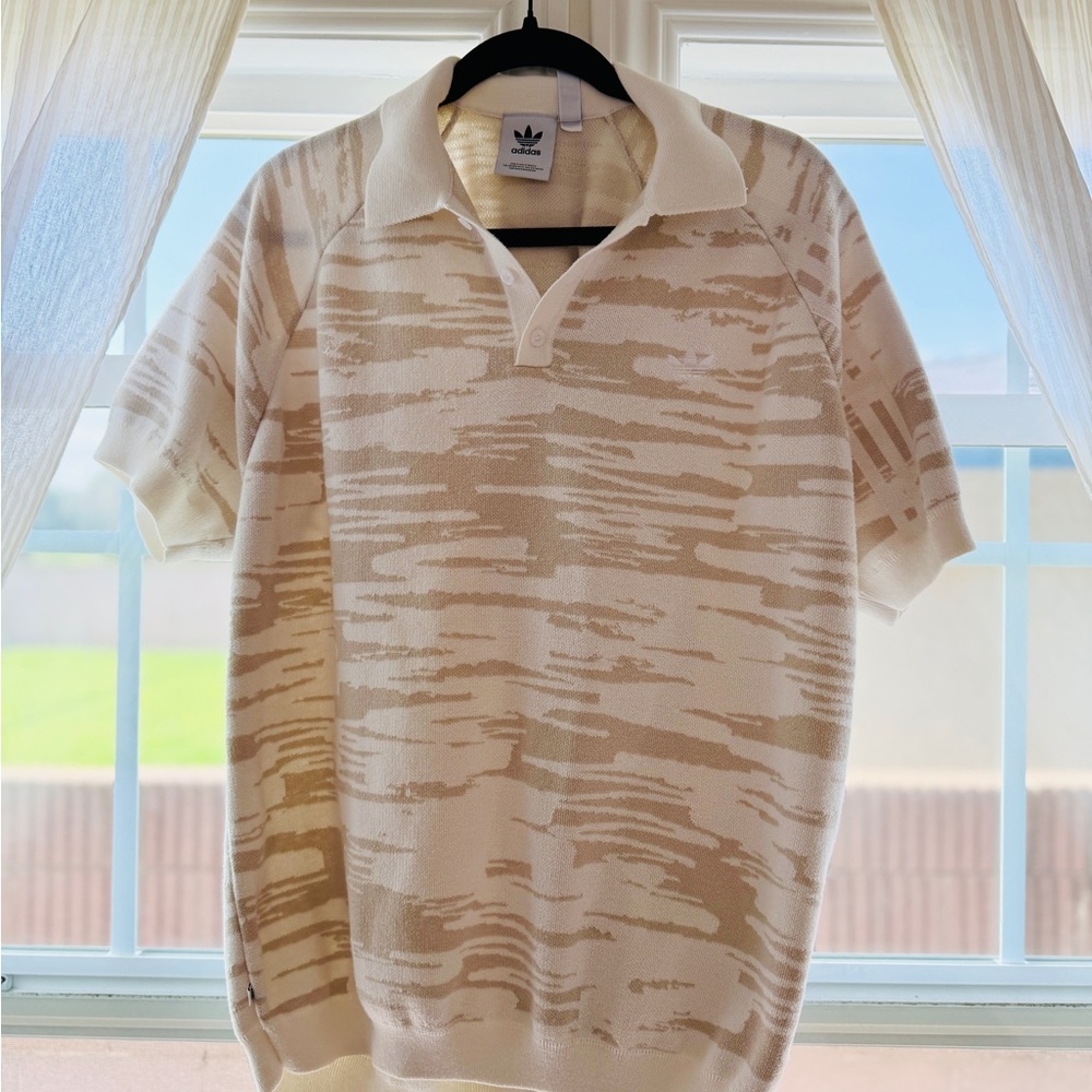 Adidas Men's Polo Shirt in Cream and Tan Pattern